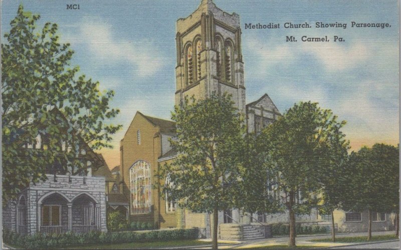 Postcard Methodist Church Showing Parsonage Mt Carmel PA