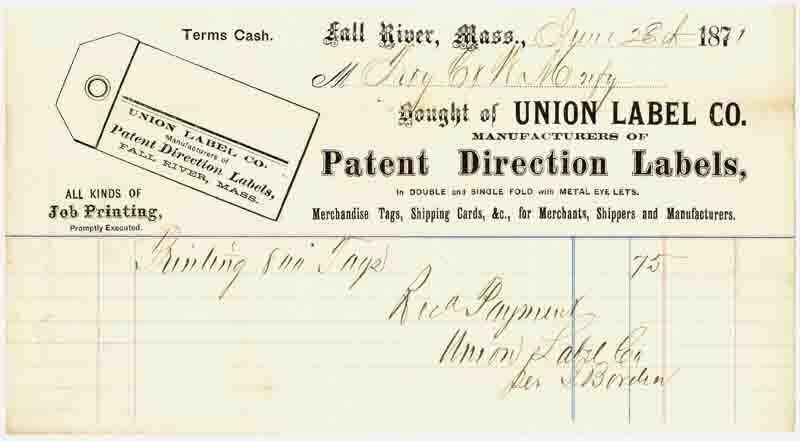 1871 Billhead, UNION LABEL CO., Patent Direction Labels, Fall River, MA