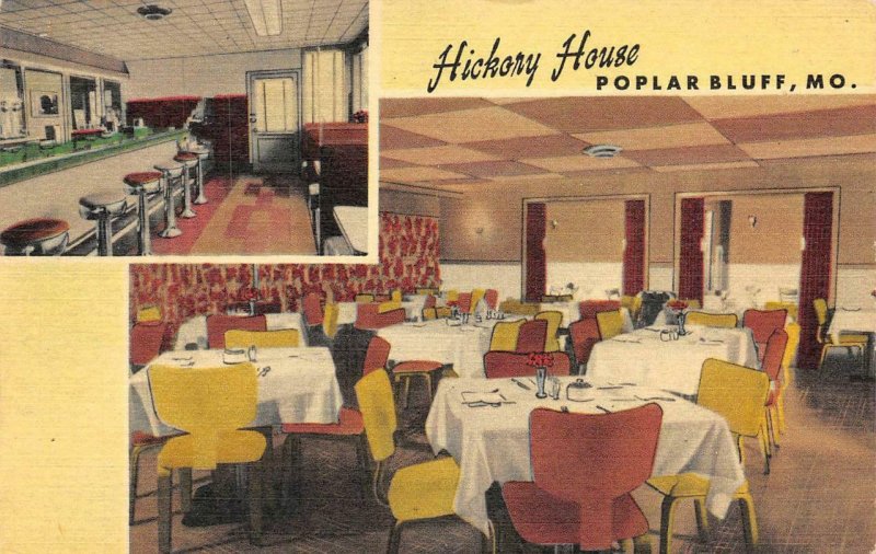 HICKORY HOUSE Poplar Bluff, MO Interiors Roadside c1940s Vintage Linen Postcard
