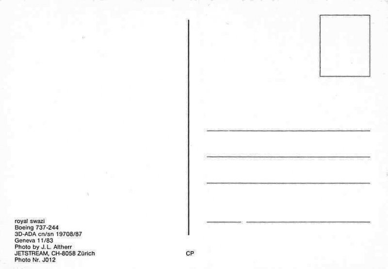 Airline Postcards  Royal Swazi Boeing 737-244 3D-ADA  c/n/sn  19708-87 