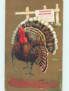 Pre-Linen TURKEY WALKS AWAY FROM THANKSGIVING PROCLAMATION SIGN HQ7733