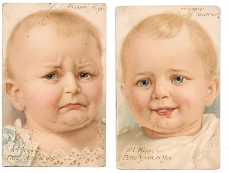 Happy New Year Baby Happy Sad 2 Vntg 1906 UDB German American Novelty Postcards