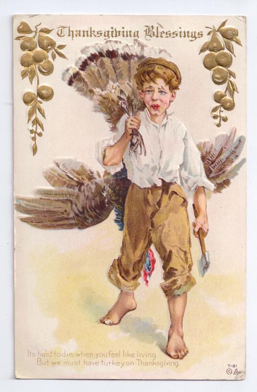 Thanksgiving Boy Ax Turkey Over Shoulder Nash Embossed 1910 Gold Gilded Pos