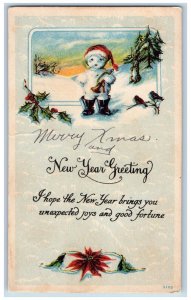 Christmas New Year Postcard Greetings Snowman Song Bird Holly Berries c1910's