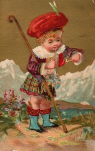 Victorian Trade Card of young Scottish Boy in Kilt Travelling Mountains Pipe P49