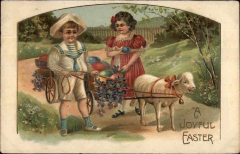 Easter - Children & Lamb Drawn Cart w/ Eggs c1910 Postcard