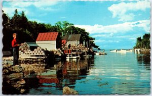 VINTAGE POSTCARD BOY FISHING ON A HIGH TIDE