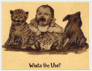 Handmade Vintage Postcard Reproduction featuring a Baby, Puppy and Kitten Crying