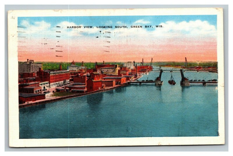 Vintage 1940 Postcard Panoramic View of the Harbor Bridges Green Bay Wisconsin