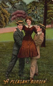 Vintage Postcard 1911 Girl Carried By Two Boys A Pleasant Burden Sweet Romance