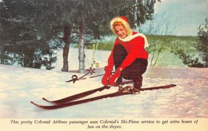 Colonial Airlines Skycruiser Adv Woman Skiing Linen Vintage Postcard AA57469