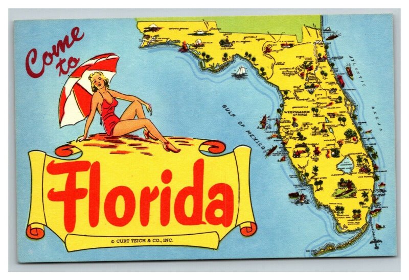 Vintage 1940's Postcard Come to Florida - Giant Map Attractions Beautiful Girl