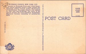 Riverside Church New York City NYC NY Linen Postcard VTG UNP Curteich Vintage 