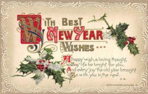 Holiday Greetings  BEST NEW YEAR WISHES  Holly & Berries  1911 Embossed Postcard