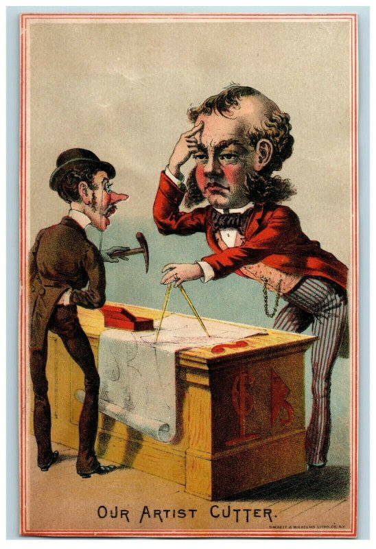 1880s Victorian Card Men Map Satirical Our Artist Cutter Comical #5G 