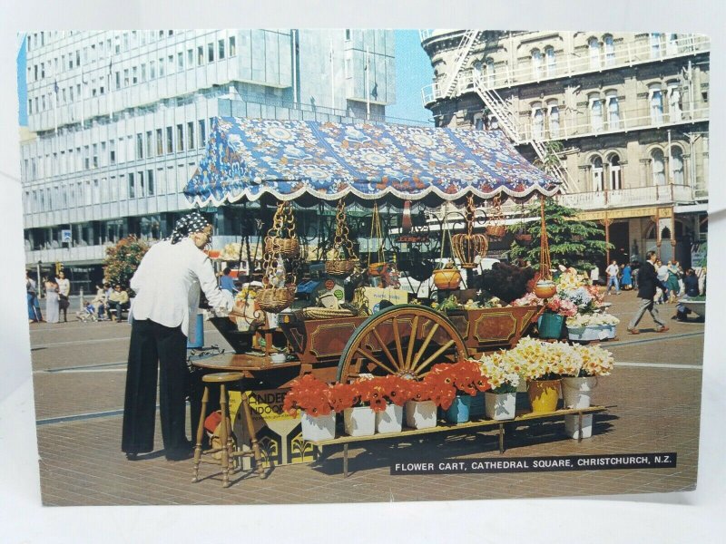 The Flower Cart Cathedral Square Christchurch New Zealand Vintage Postcard