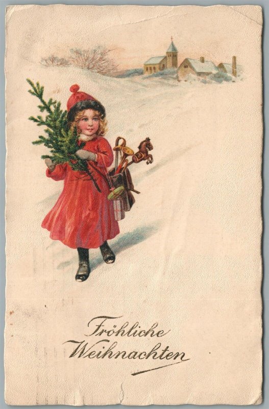 GIRL w/ CHRISTMAS TREE ANTIQUE POSTCARD with GERMAN STAMPS