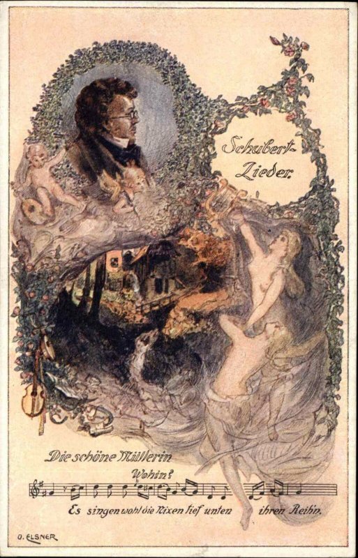 A/S ELSNER FANTASY Art Nouveau Schubert Naked Women Muses Postcard