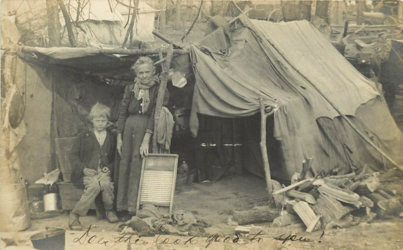 RPPC Hardscrabble Poverty Woman & Son at Tent Camp with Washboard & Laundry