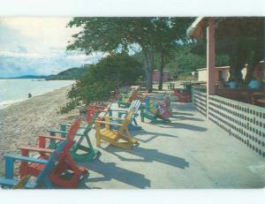 Pre-1980 COLORFUL VINTAGE ADIRONDACK CHAIRS ON BEACH St. Thomas USVI d7836