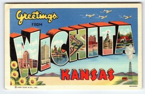 Greetings From Wichita Kansas Large Big Letter Postcard Linen Curt Teich Unused