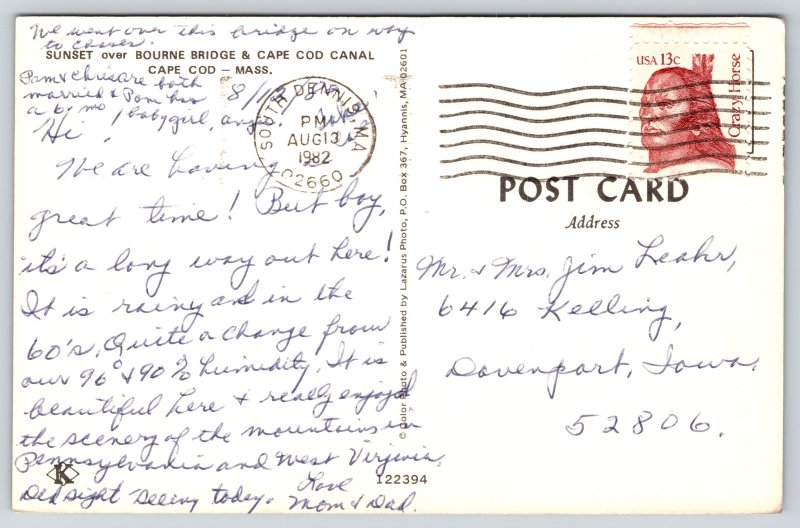 State View~Cape Cod Massachusetts~Sunset Over The Bourne Bridge~PM 1982~Postcard