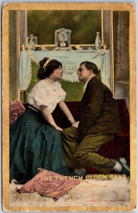 VINTAGE POSTCARD THE FRENCH CLOCK SAYS: GET TOGETHER ROMANTIC COUPLE HUMOR