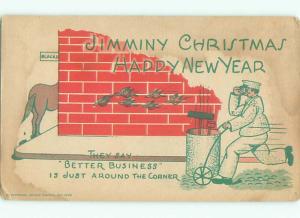 Pre-Linen christmas comic WORKER CLEANS UP AFTER HORSE k1508