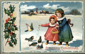 Christmas Little Girls Sisters Feeding Birds c1910 Vintage Postcard