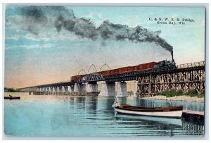 c1910 Train, Boats, C & N W. Railroad Bridge Green Bay Wisconsin WI Postcard