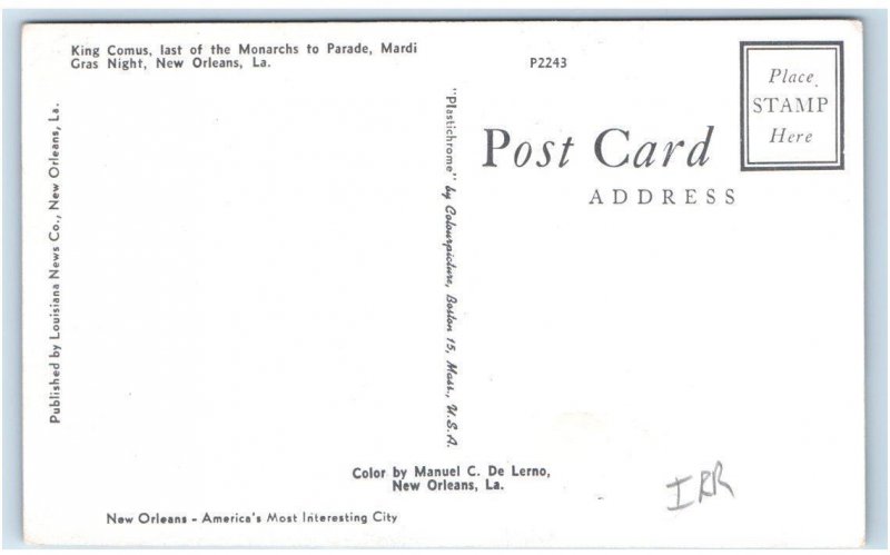 NEW ORLEANS, LA Louisiana ~ MARDI GRAS PARADE Float KING COMUS c1950s Postcard 