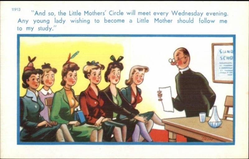 Large Breasted Little Mothers Circle & Priest Comic Sexual Innuendo Postcard