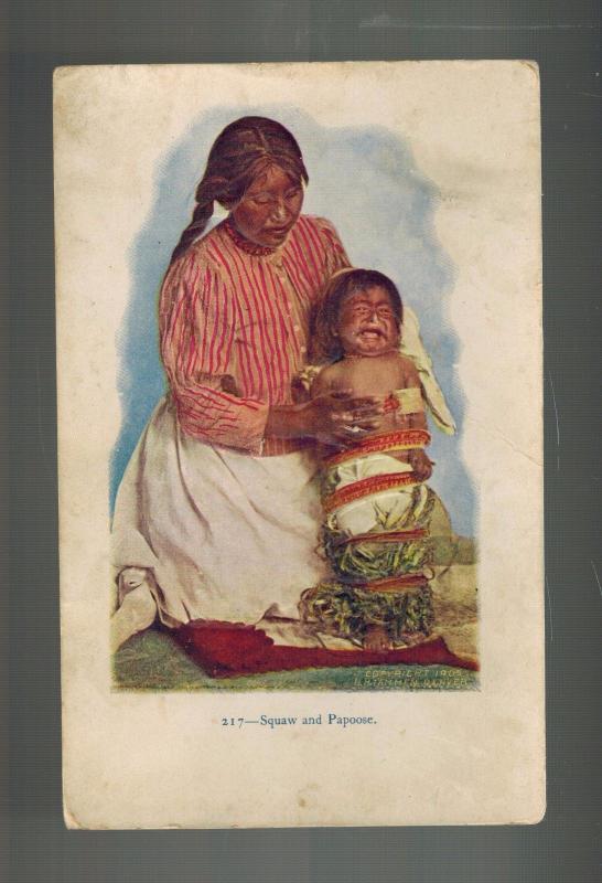 Mint Embossed Postcard Native American Indian Squaw adn Papoose Woman and baby