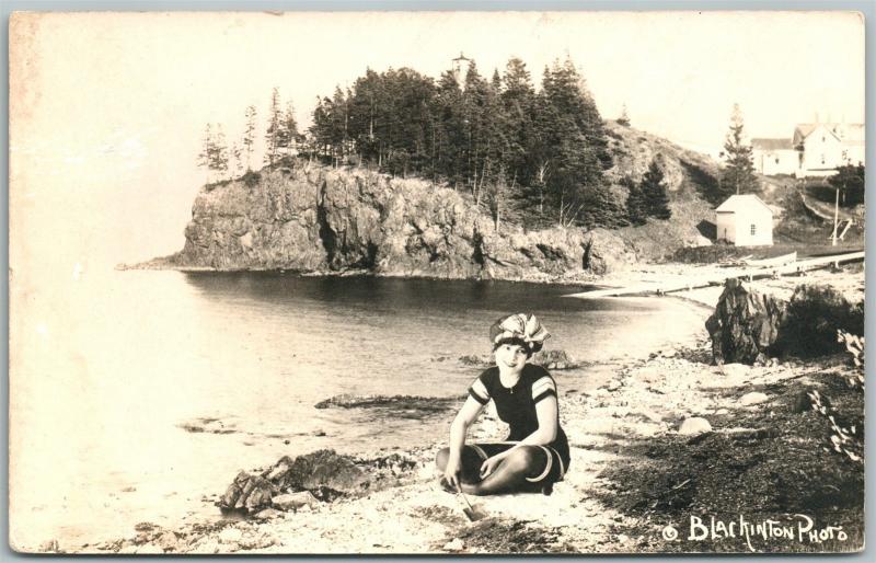 BATHING GIRL ANTIQUE REAL PHOTO POSTCARD RPPC PHOTOMONTAGE collage montage