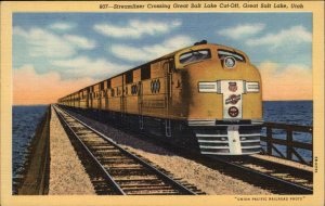 Great Salt Lake Utah UT Steamliner Train 1940s Linen Postcard