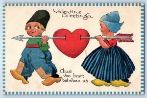 c1910's Valentine Greetings Dutch Children Carried Heart Dart Antique Postcard