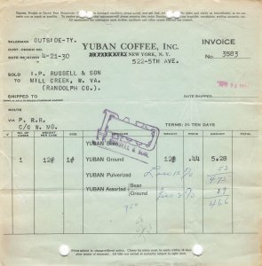 NEW YORK NY~YUBAN COFFEE-522 5th AVENUE~1930 BILLHEAD