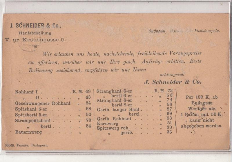 Advertising J. Schneider & Co. correspondence post card Hungary 1886 to Hamburg