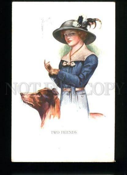 134595 BELLE Lady & COLLIE Dog by BARBER vintage Color PC