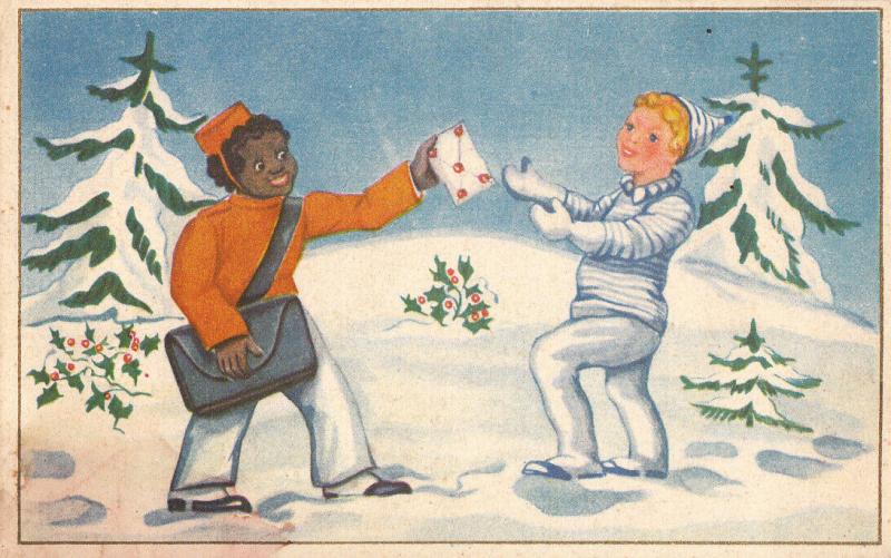 Black americana postman winter seasonal early greetings postcard