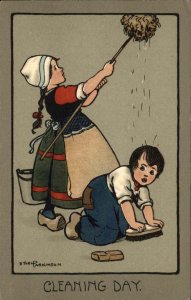 Ethel Parkinson Dutch Children Cleaning Folk Art c1910 Vintage Postcard