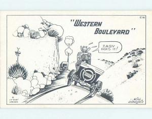 Pre-1980 western signed DUDE LARSEN - COWBOY DRIVING AT TRANSPORT TRUCK HL3544