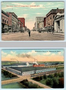 2 Postcards KALAMAZOO, MI ~ MAIN STREET Scene & Kalamazoo STOVE COMPANY c1910s