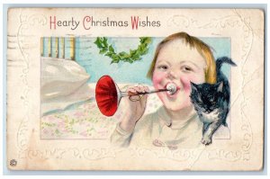 1919 Christmas Wishes Child Trumpet Cat Embossed Utica New York NY Postcard