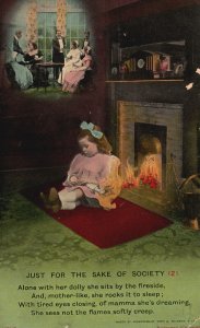 Vintage Postcard Alone With Her Dolly She Sits By The Fire Side With Tired Eyes