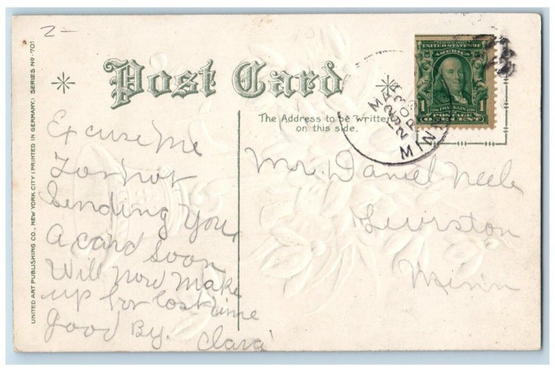 Lewiston MN Postcard Easter Ringing Bell Flowers Embossed Nash 1908 Antique