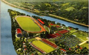 Linen Postcard Overview of Wheeling Downs Showing Stadium and Ohio