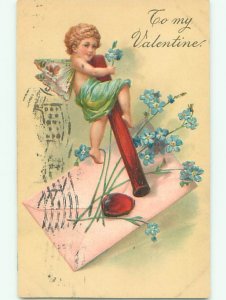 Pre-Linen Valentine CUPID SITTING ON CARD AB2902
