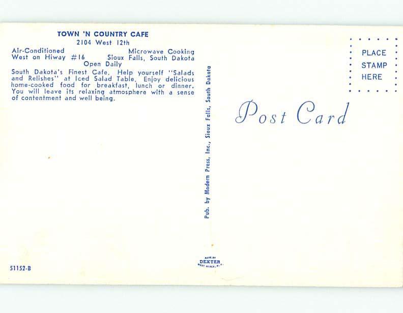 Unused Pre-1980 TOWN N' COUNTRY cafe RESTAURANT Sioux Falls SD v7047