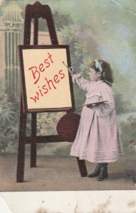 BEST WISHES, Girl Painting (1906) - Vintage POSTCARD